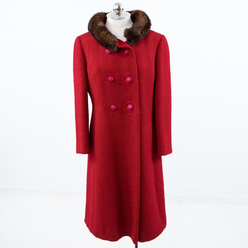 SOLD Vintage 50s M Mink Collar Princess Coat Midi Red - Picture 9 of 13